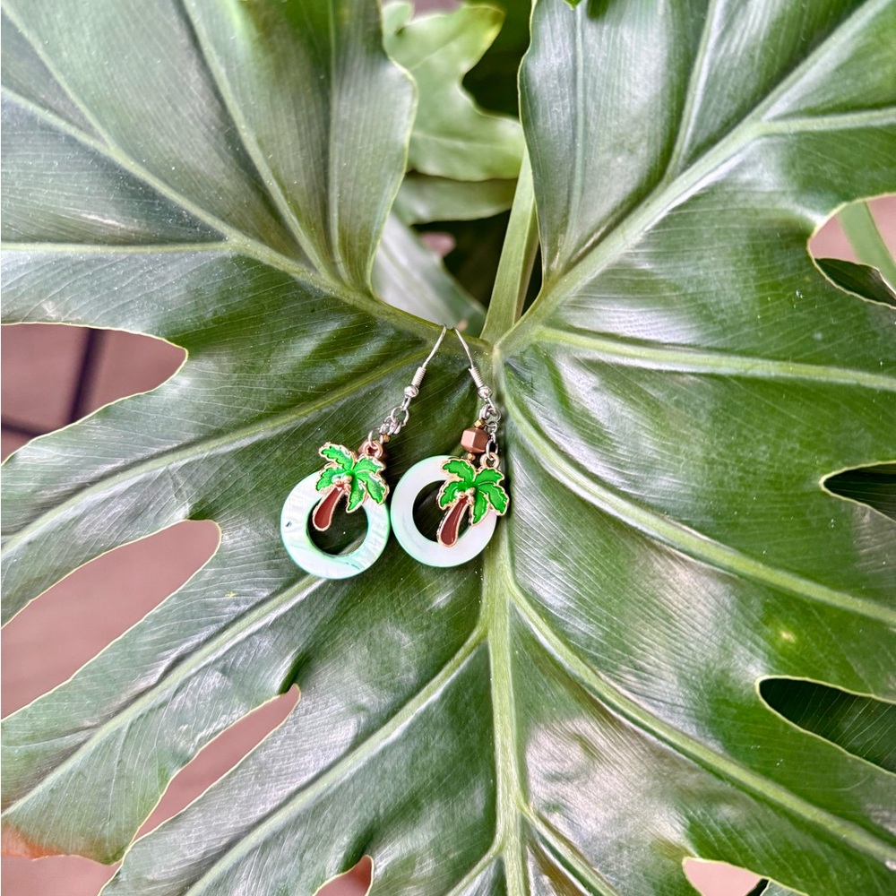Mother of Pearl & Hematite Earrings with Palm Tree Charms - Picture 2 of 3
